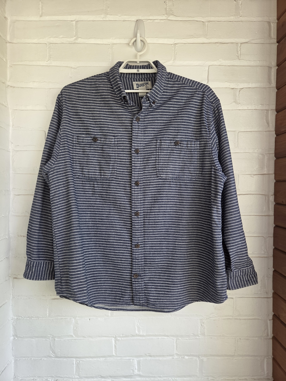 Duluth Blue White Striped Mens Denim Shirt Cotton Button Front Relaxed Heavy XL